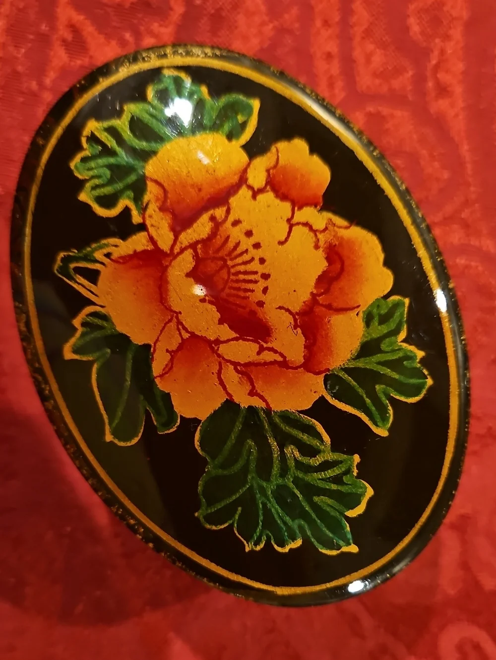 Vintage Asian Black Lacquer Floral Oval Trinket Boxes - Set of 2